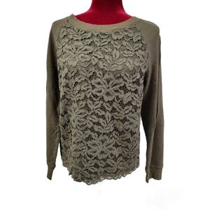 LOFT olive green longsleeve pullover top with lace front size medium